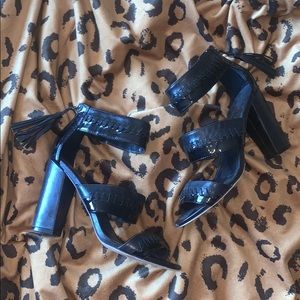 Black leather open toe heel